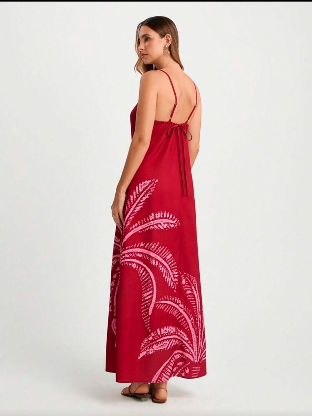 Red Sleeveless Maxi Dress with Pink Palm Print - Picture 2 of 9